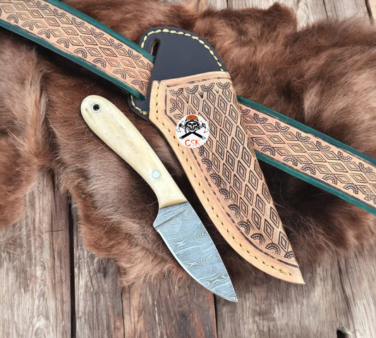 Bone Buckaroo Belt Knife With Damascus Steel Blade