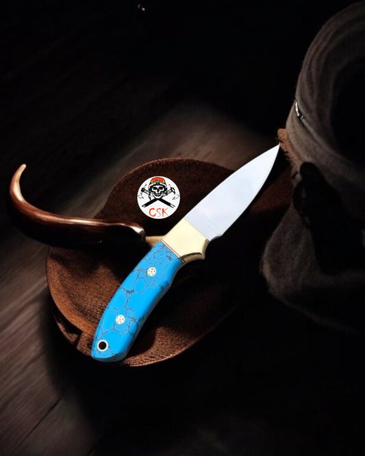 Western Knife – 7" D2 Steel Blade with Turquoise Stone & Brass Bolster Handle