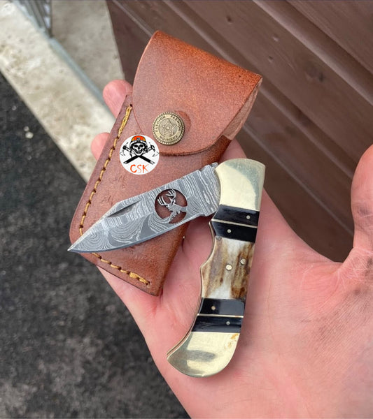 Cowboy Pocket Knife – Deer Damascus Blade,Stag Horn Handle