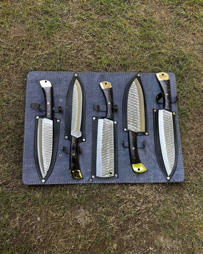 Handmade Stainless Steel Chef set Of 5pcs With Leather Sheath, Stainless Steel Knife, Chef Knife, Full Kitchen Knife Set, Chef Set