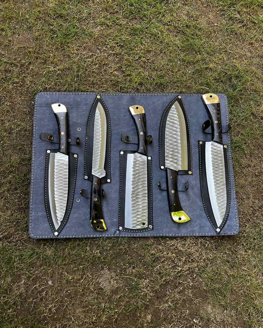 Handmade Stainless Steel Chef set Of 5pcs With Leather Sheath, Stainless Steel Knife, Chef Knife, Full Kitchen Knife Set, Chef Set