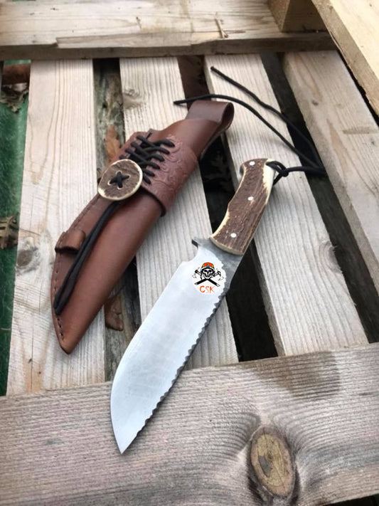 Western Sheath Hunting Knife – 11" D2 Steel Blade with Antler Horn Handle