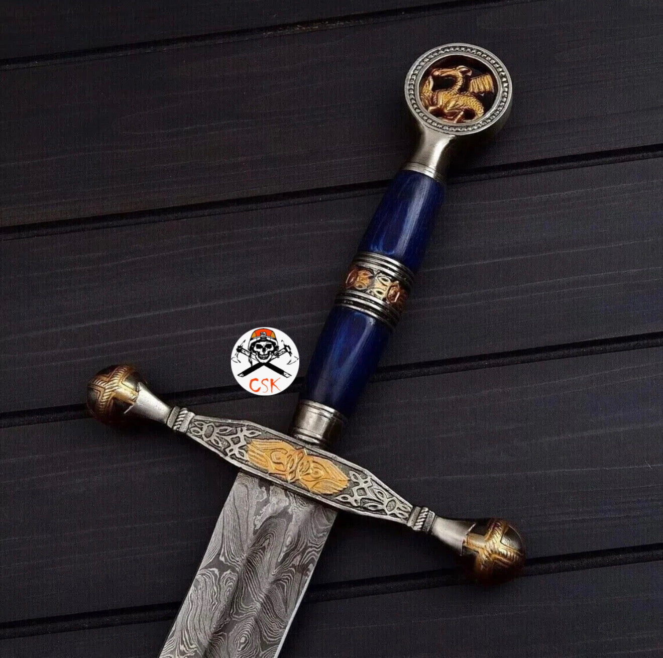 Imperial Griffin Damascus Sword – Royal Blue Handle | Hand-Forged Fantasy Blade