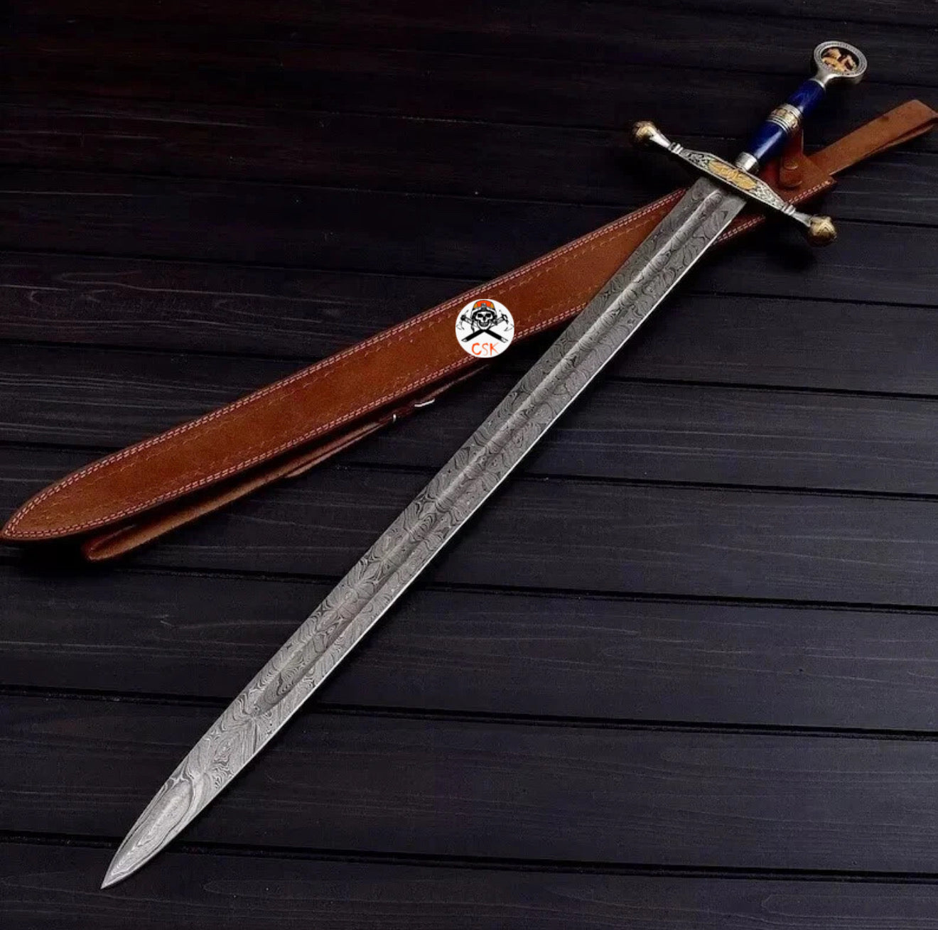 Imperial Griffin Damascus Sword – Royal Blue Handle | Hand-Forged Fantasy Blade