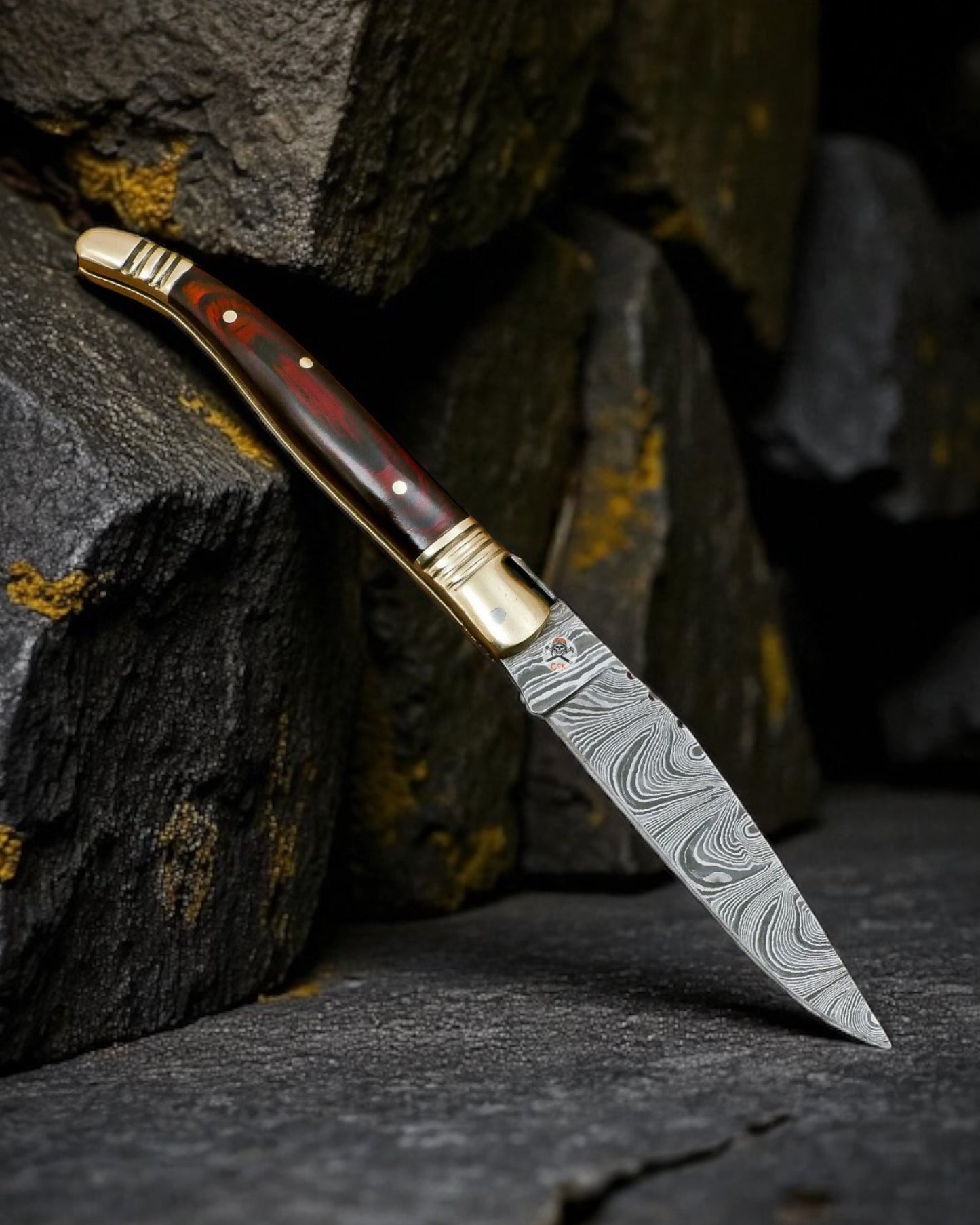 Laguiole Damascus Steel Pocket Knife – Handcrafted Brass & Exotic Wood Folding Blade