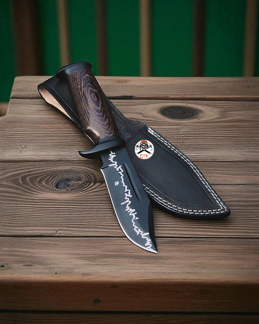 ShadowForge Black Blade Handmade Hunting Knife with Wenge Wood Grain Handle