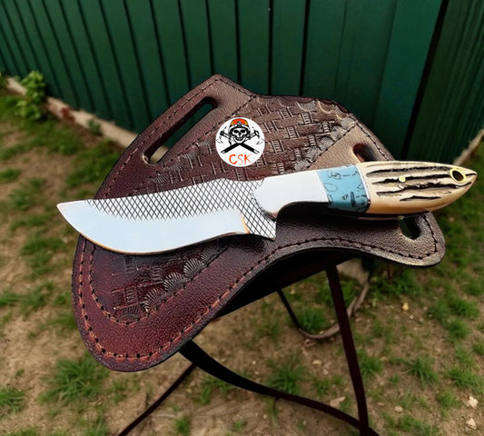 Cross Draw Sheath Hunting Knife With Rasp Steel & Antler Handle