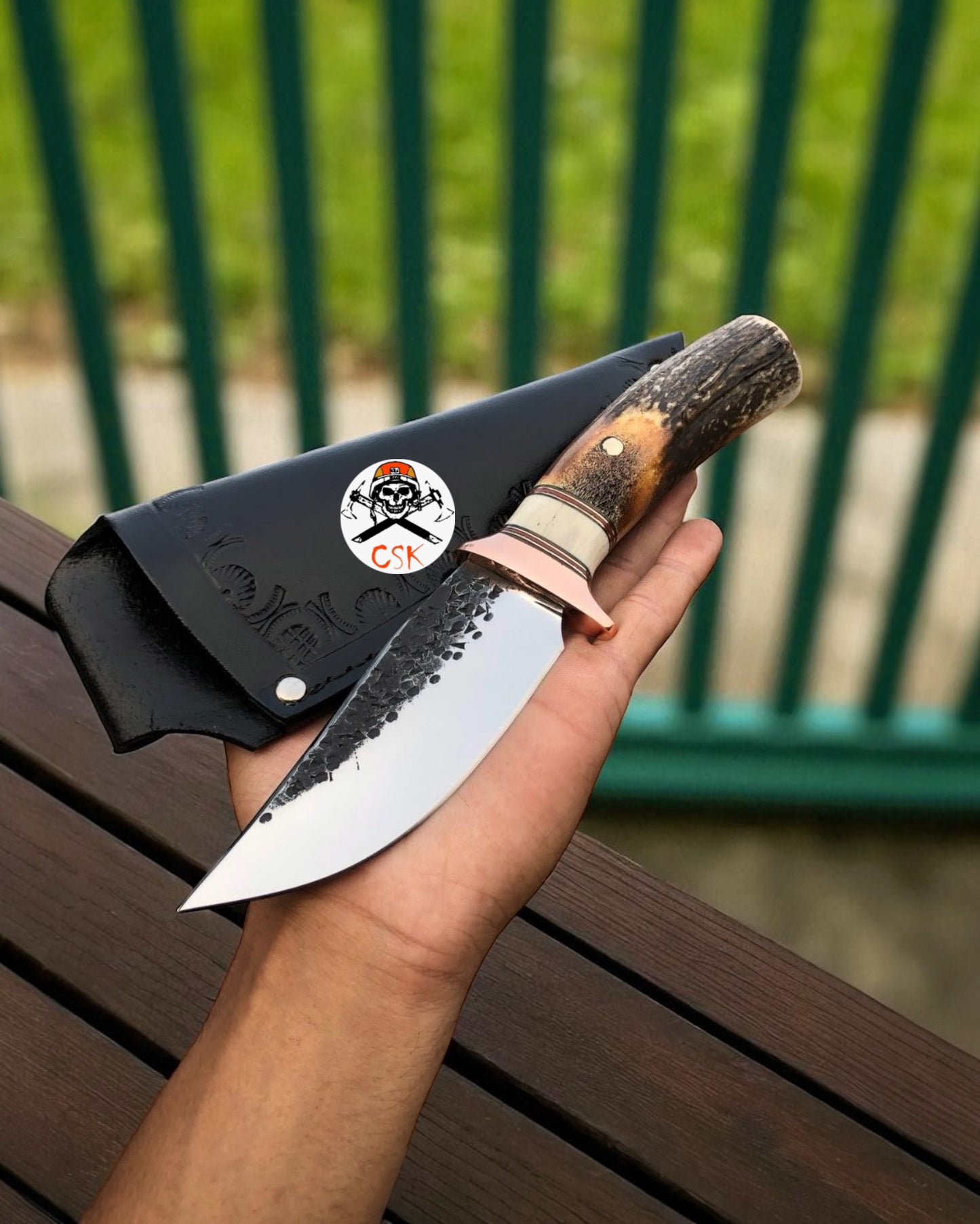 Hand-Forged Hunting Knife–Antler Handle High Carbon Steel Blade & Leather Sheath