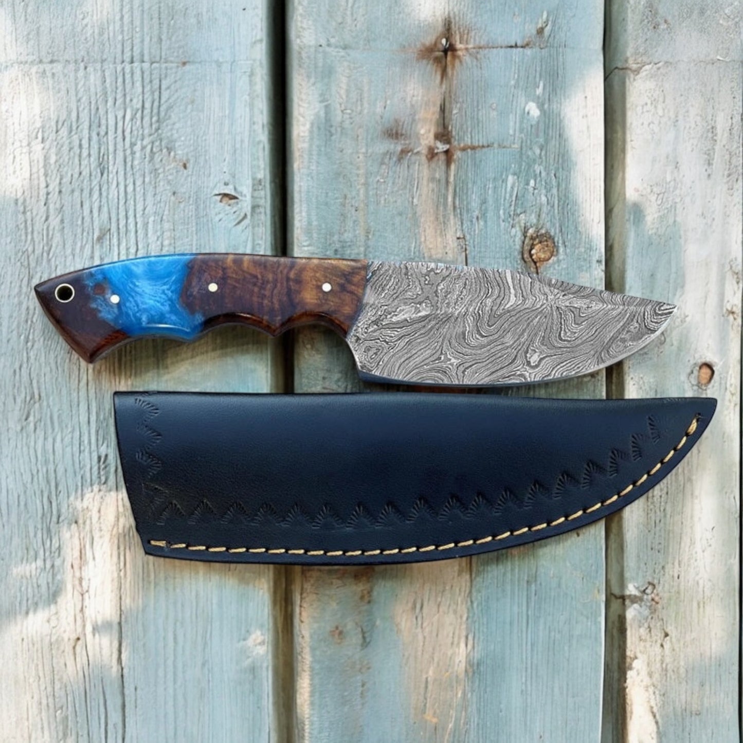 HANDMADE DAMASCUS STEEL HUNTING KNIFE FIXED BLADE FULL TANG WITH EPOXY ROSEWOOD HANDLE