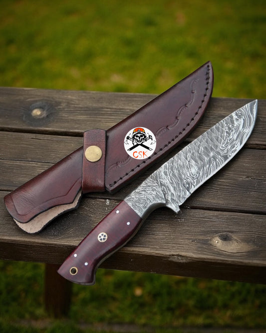 Fixed Blade Damascus Knife With Leather sheath