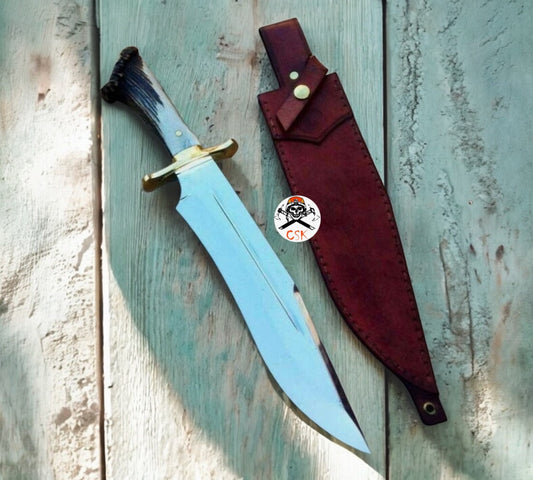 Premium Hand Forged J2 Steel Rat-Tail Hunting Knife Crown Stag Handle