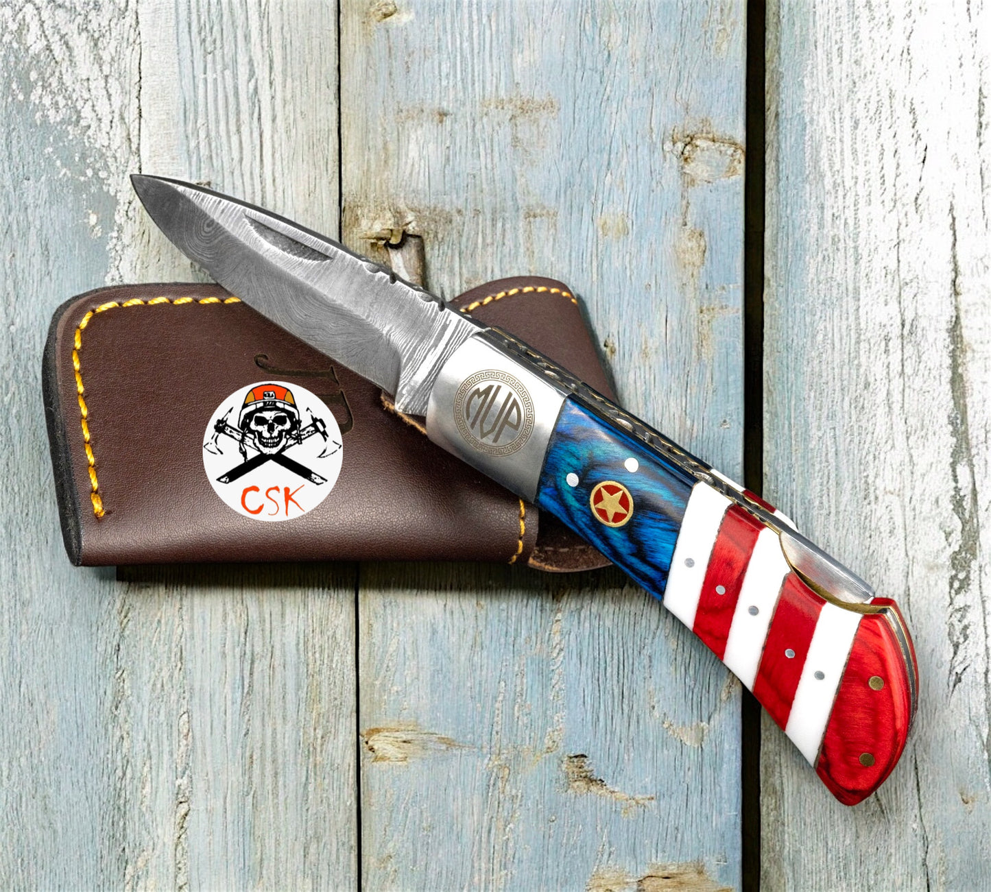 Damascus Steel Flag Handle Pocket Knife