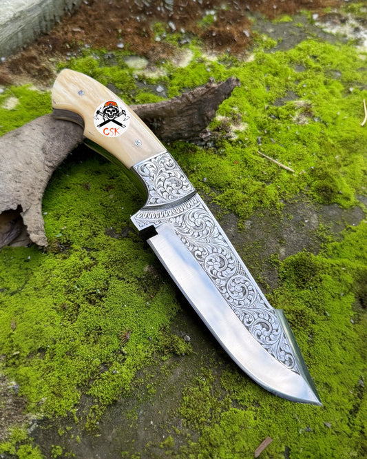 Hand-Engraved Hunting Knife – Custom Fixed Blade with Bone Handle & Ornate Scrollwork