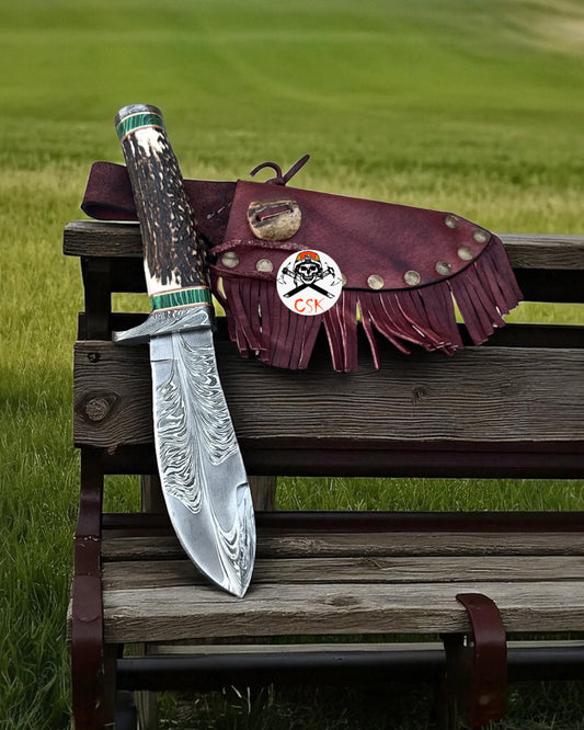Damascus Steel Hunting Knife – Antler Handle with Custom Western Leather Sheath