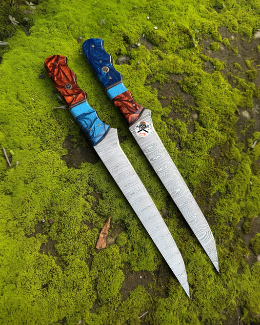 Hand-Forged Damascus Steel Fillet Knife Set – Custom Resin Handles, Ultra-Sharp Blades