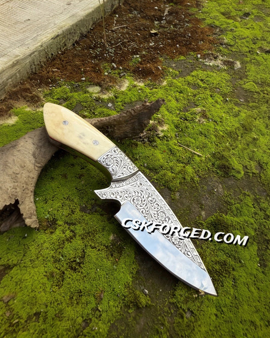 Hand Engraved Hunting Knife | Custom D2 Steel Blade with Bone Handle
