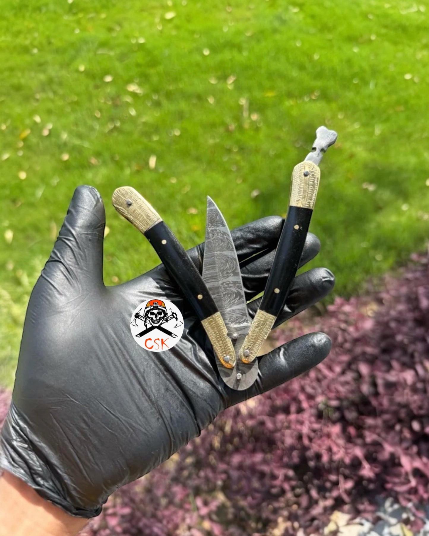 Handmade Damascus Steel Folding Pocket Knife | Brass Bolster & Buffalo Horn Handle | EDC & Collectible Gift Knife