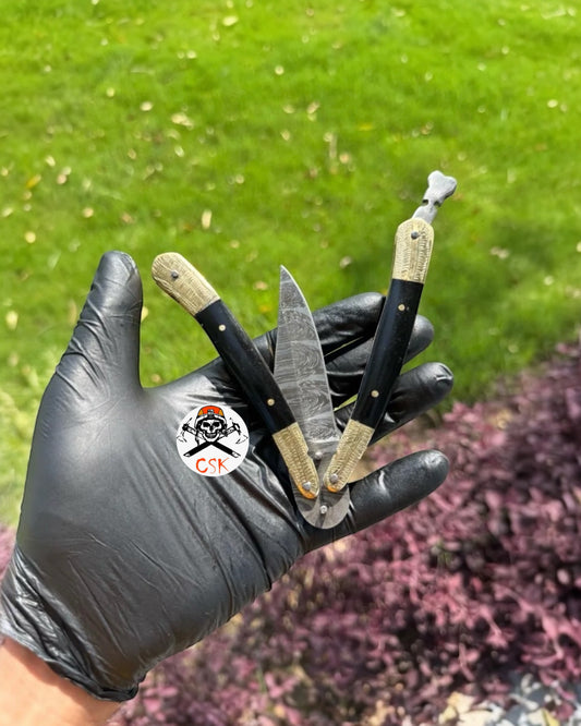 Handmade Damascus Steel Folding Pocket Knife | Brass Bolster & Buffalo Horn Handle | EDC & Collectible Gift Knife