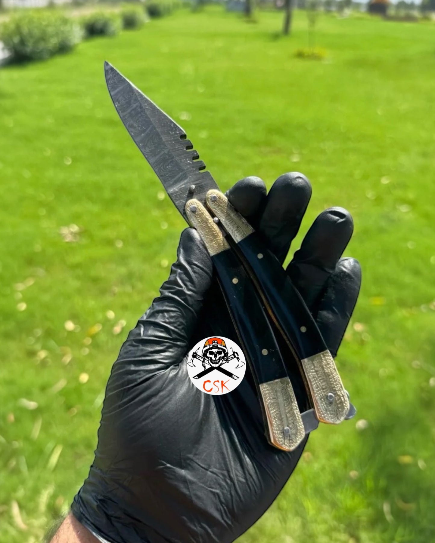 Handmade Damascus Steel Folding Pocket Knife | Brass Bolster & Buffalo Horn Handle | EDC & Collectible Gift Knife