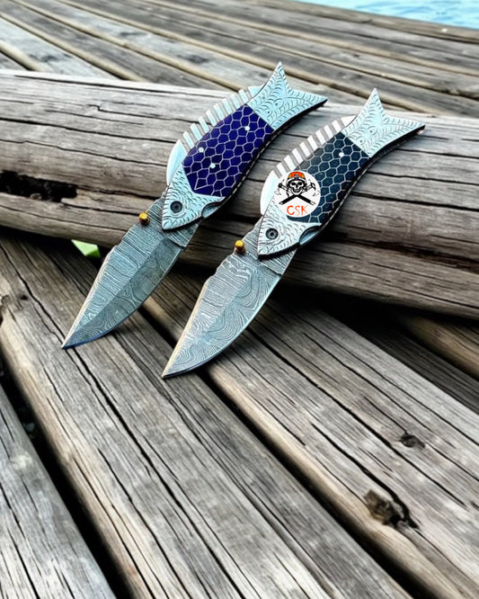 Honeycomb Handle Fish Folding Pocket Knife Set 7" Damascus Steel Pocket Knife