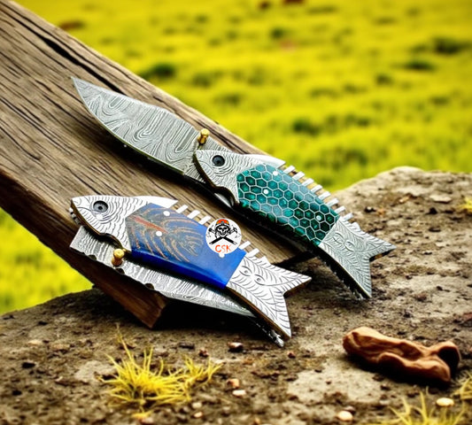 Fish Folding Pocket Knife Set 7" Damascus Steel Pocket Knife
