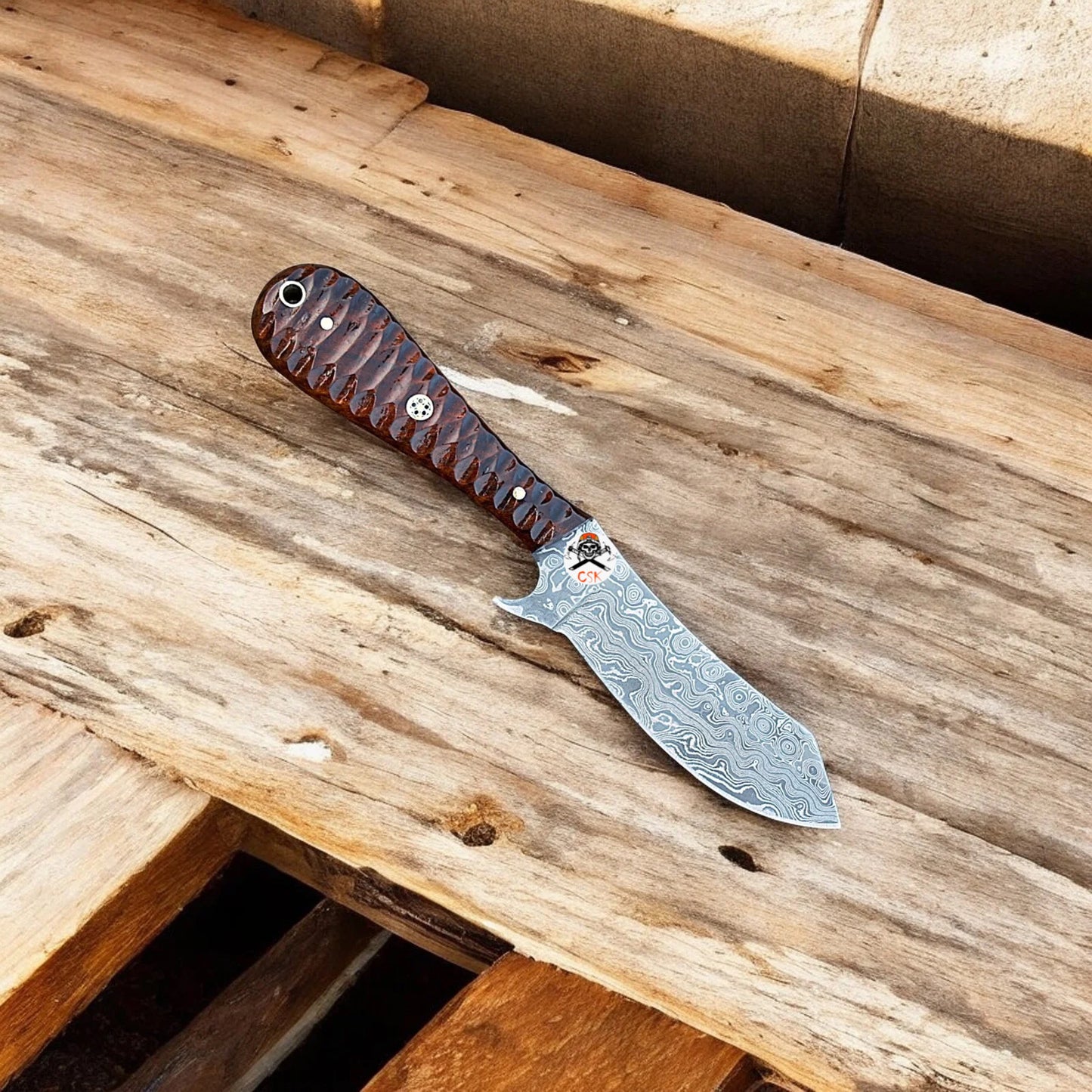 Cowboy Damascus Steel Knife With Wood Handle