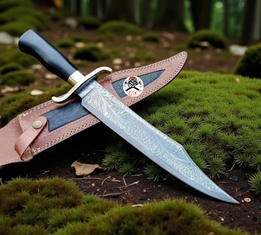 Damascus Bowie Knife Handmade Feather Blade Alamo Musso With Leather Sheath