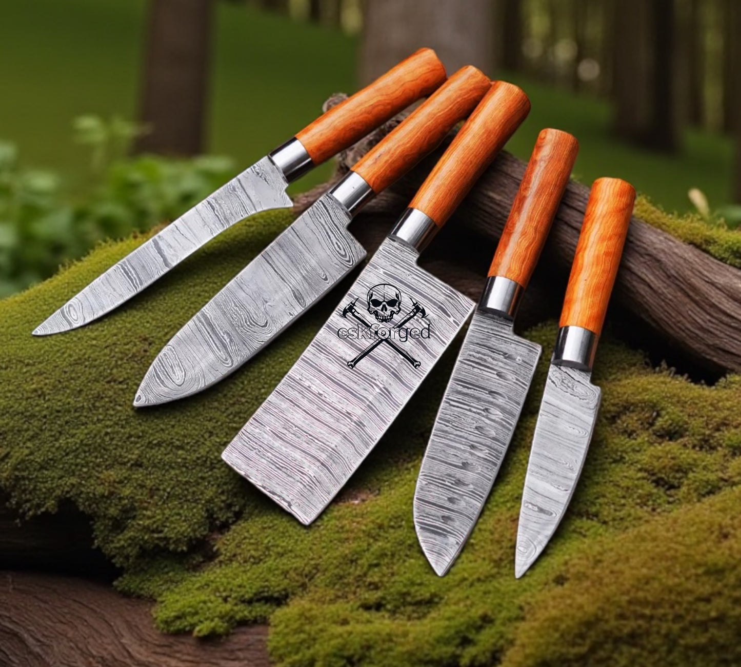 Culinary Connoisseur 5 Piece Chef Set - Olive Wood Handle & Genuine Leather Role