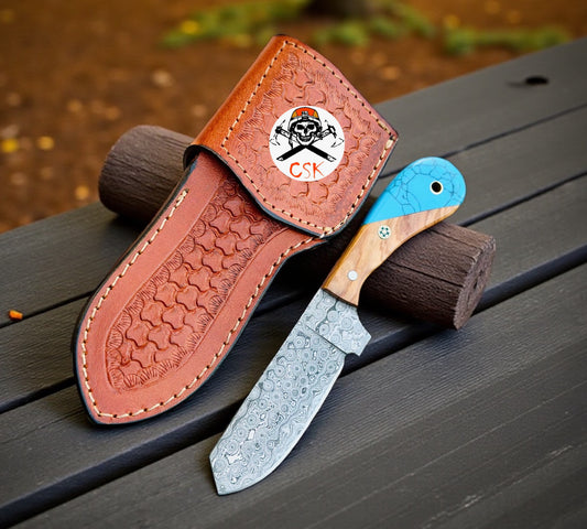 Cross Draw Sheath Knife - 8” Damascus Steel Blade, Wood & Turquoise Handle