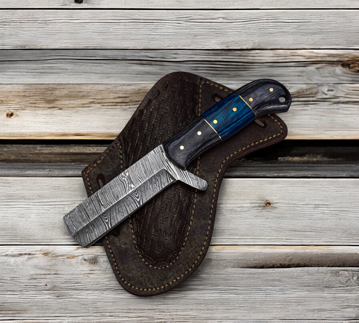 CowBoy Bull Cutter Knife Forged Damascus Steel Knife With Leather Sheath