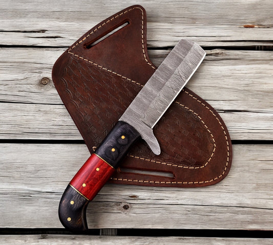 CowBoy Bull Cutter Knife Forged Damascus Steel Knife With Leather Sheath