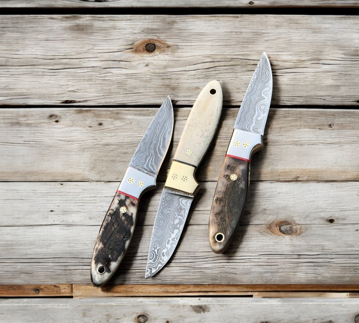 Custom Handmade California Coyote Cowboy Knife | Damascus Blade |Bone-Brass Bolster Handle | 6.25 Inches | Leather Sheath