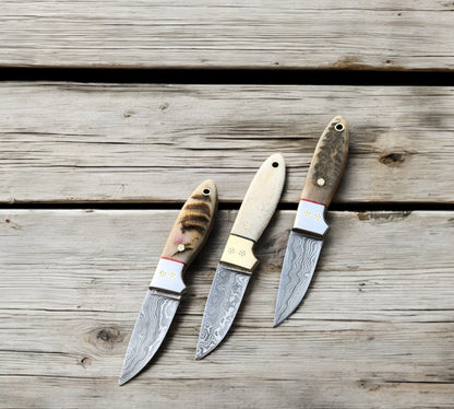 Custom Handmade California Coyote Cowboy Knife | Damascus Blade |Bone-Brass Bolster Handle | 6.25 Inches | Leather Sheath