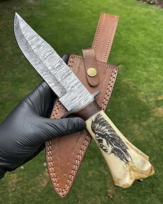 Custom Damascus Blade Knife with Tribal Carved Bone Handle & Protective Sheath