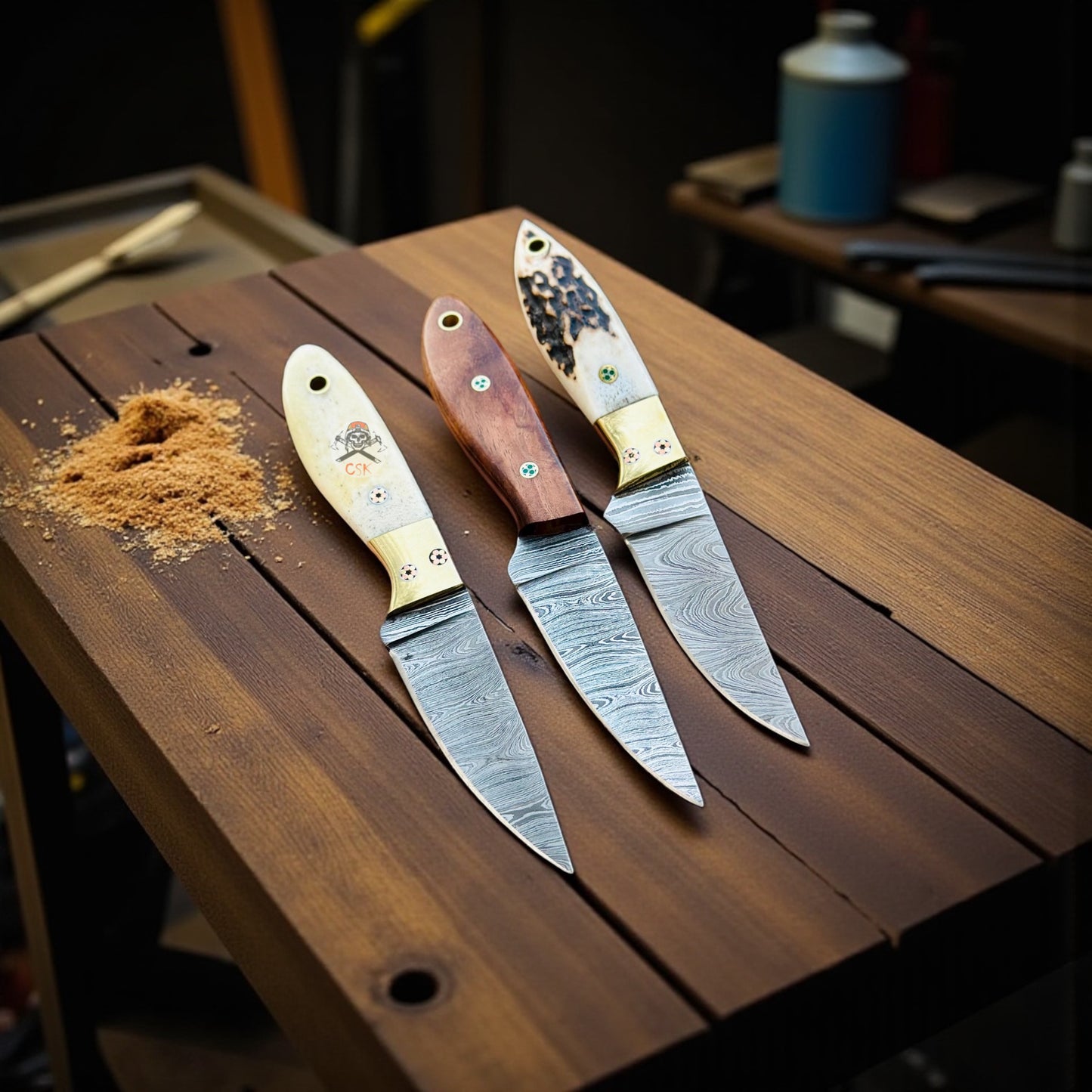 Working Buckaroo Knife Set -7" Damascus Steel Blade with Bone, Wood & Antler Horn Handles