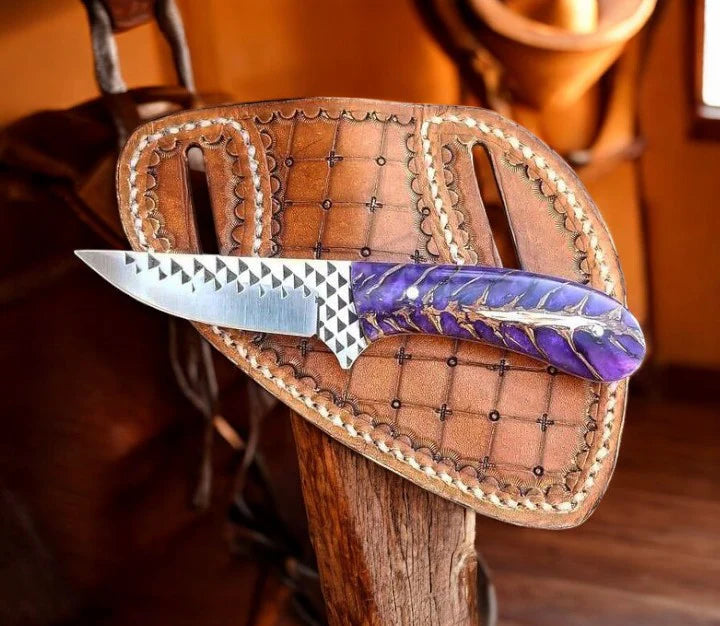 Handmade Belt Knife Leather Sheath - Unique Epoxy Pine-Cone Handle