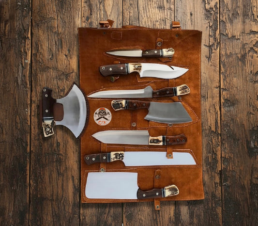 Premium Outdoor Kitchen Knife Set | Hand-Forged Chef & Hunting Knives with Leather Roll – Camping & BBQ Ready