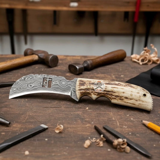 CSK Handcrafted Damascus Steel Hawkbill Knife – Stag Horn Handle, Premium Outdoor Blade