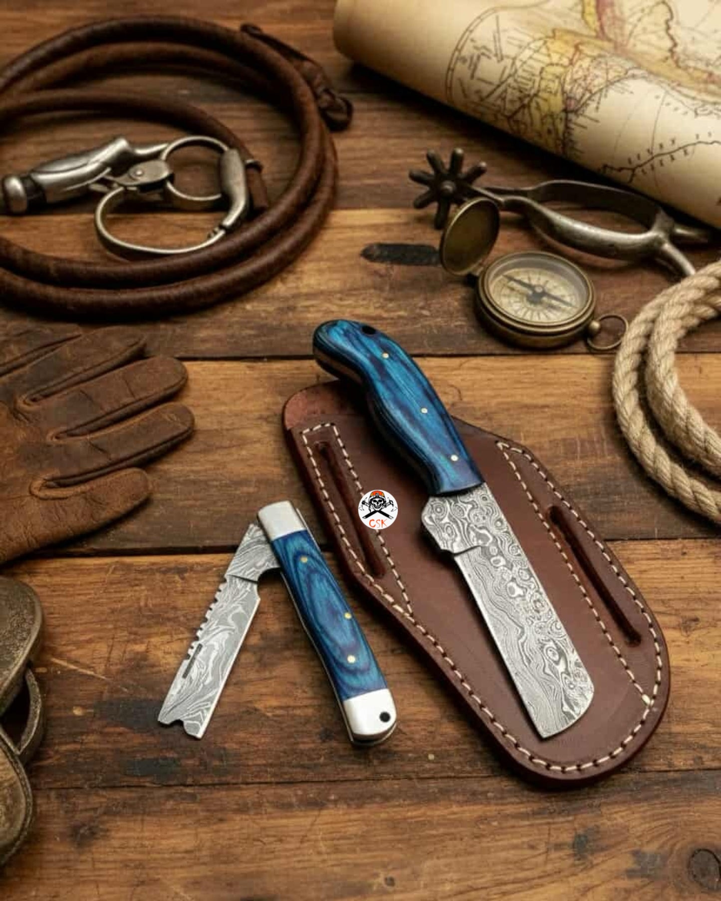 2-Piece Handcrafted Damascus Steel Bull Cutter Knife Set - Pakka Wood Handles & Leather Sheaths