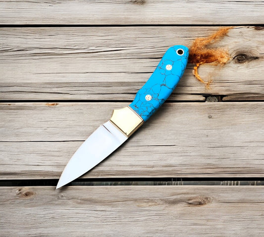 Custom Handmade California Coyote Cowboy Knife | Steel Blade |Resin Brass Bolster Handle | 6.25 Inches | Leather Sheath