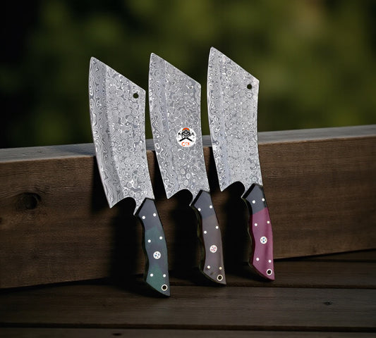 Savage Serenity Damascus Meat Cleaver Set Micarta Handles & Leather Sheath