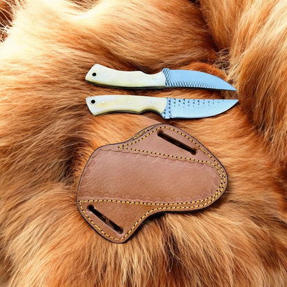 Pair Of Camel Bone Fixed Blade Skinning With Leather Sheath