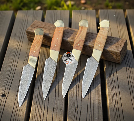 Best Handmade Steak Knife Set - Premium Damascus Blades with Leather Roll Kit