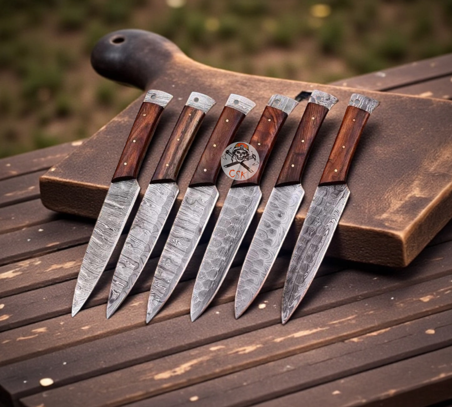 Best Handmade Steak Knife Set - (6pcs) Premium Damascus Blades with Leather Roll Kit