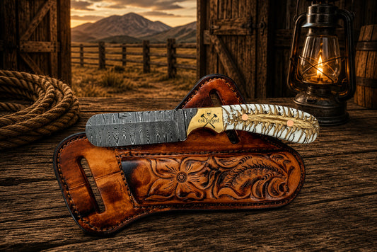 Back belt cowboy castration knife with Damascus steel blade