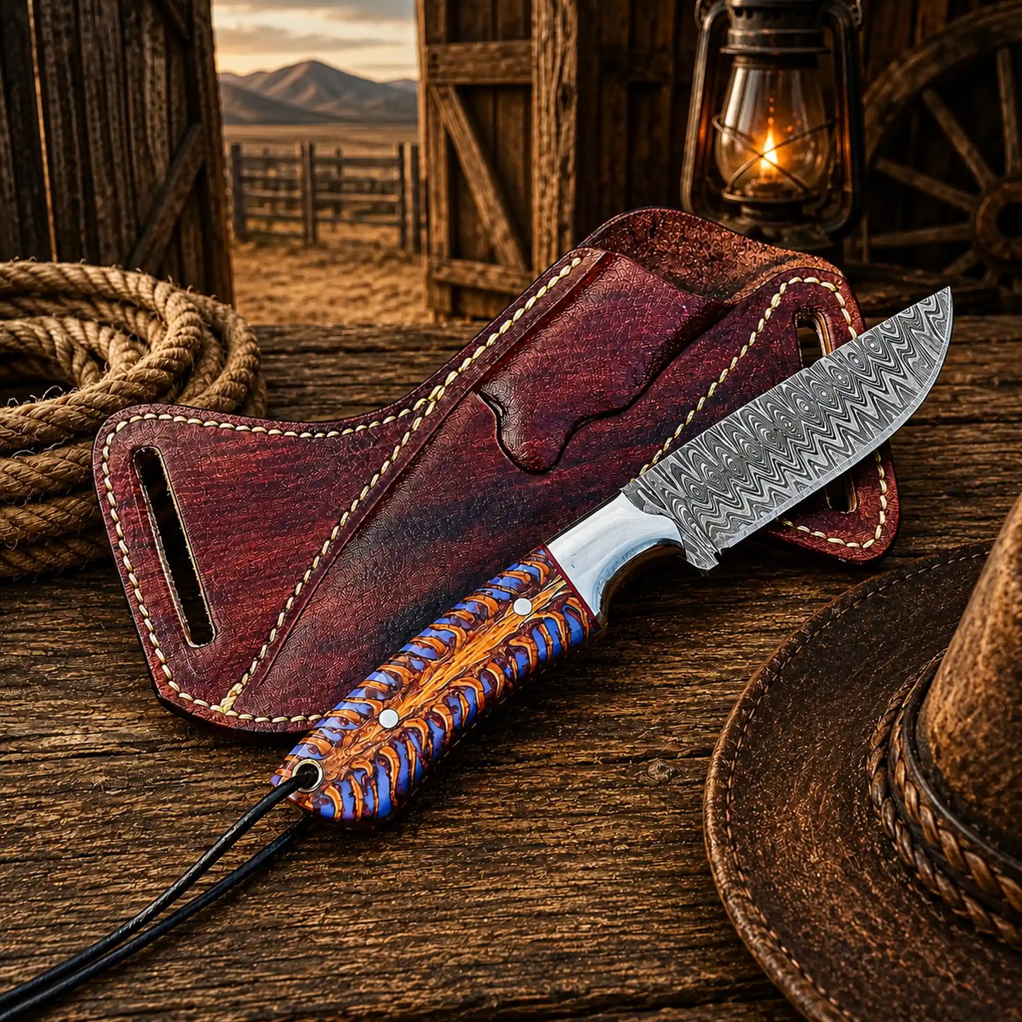 Handmade back belt sheath knife with 4 inch Damascus steel blade and pinecone handle