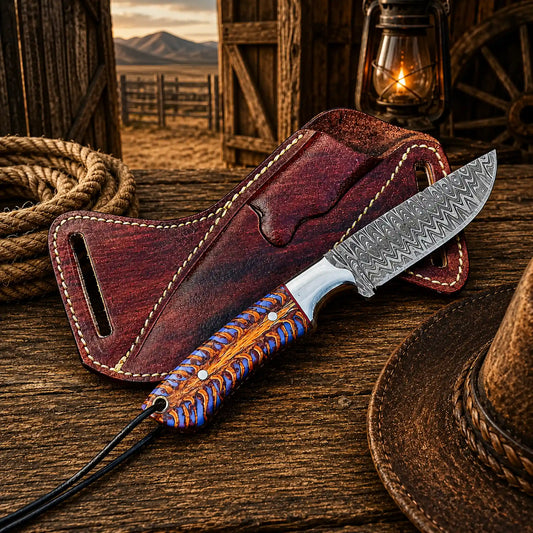Handmade back belt sheath knife with 4 inch Damascus steel blade and pinecone handle