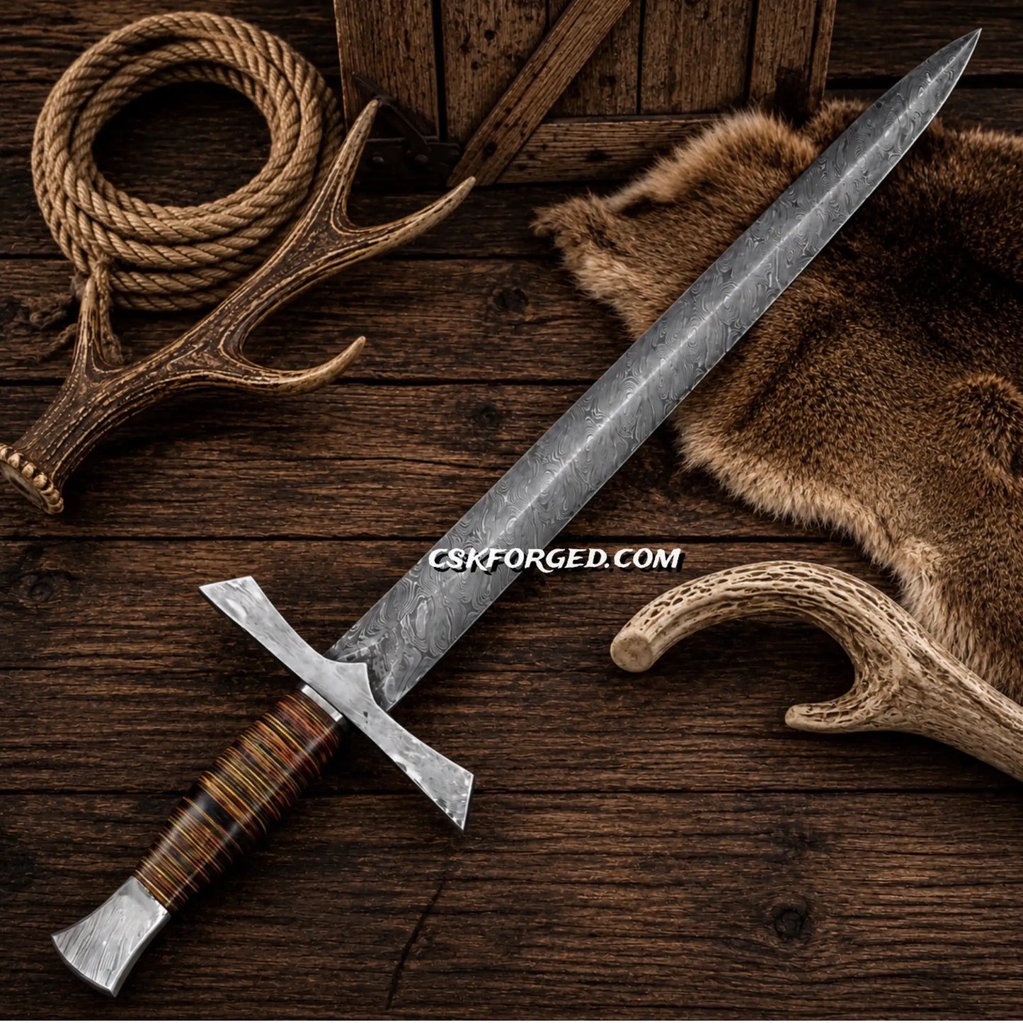 Handmade Bastard Sword featuring a 352-layer Damascus steel blade and wood handle
