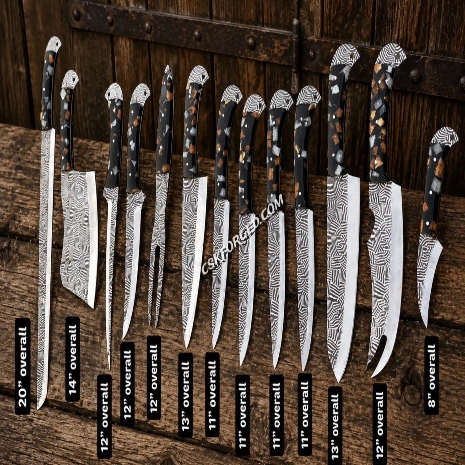 Handmade outdoor chef knife collection with full tang resin handle construction.