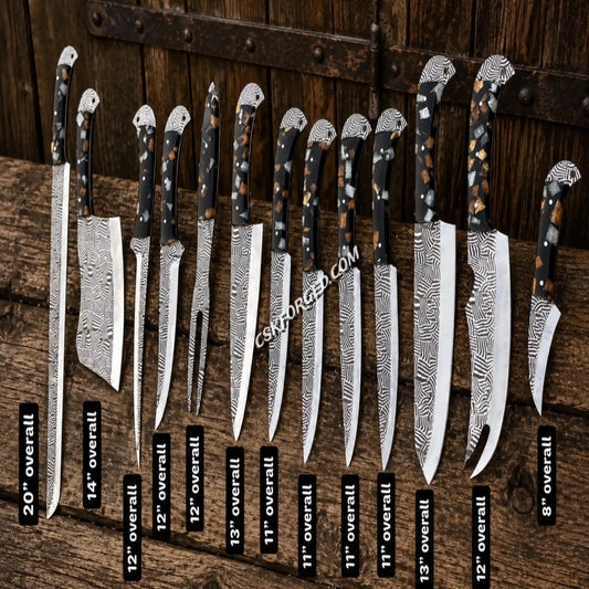 Handmade outdoor chef knife collection with full tang resin handle construction.